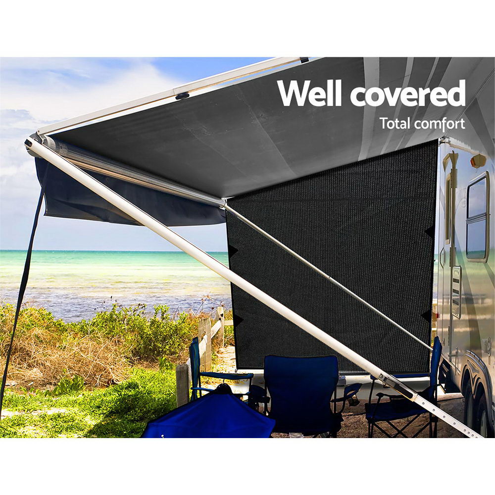 Awnings: Caravan Privacy Screen Roll Out Awning 1.95x2.2M Sun Shade End Wall Side Black