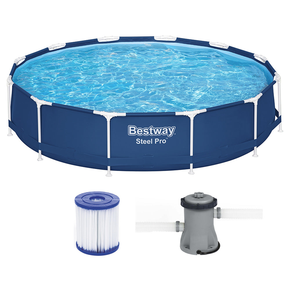 Swimming Pools: Bestway Swimming Pool 366x76cm Steel Frame Round Above Ground Pools w/ Filter Pump 6473L