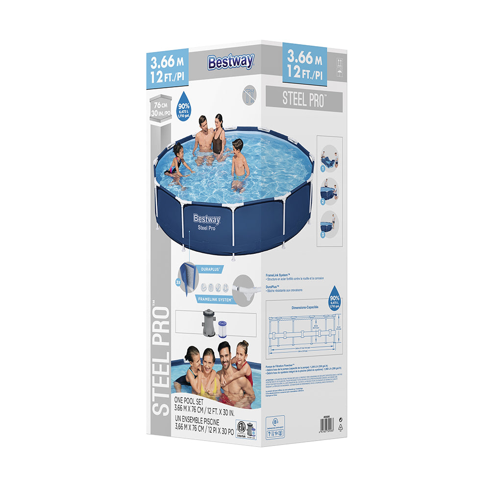 Swimming Pools: Bestway Swimming Pool 366x76cm Steel Frame Round Above Ground Pools w/ Filter Pump 6473L