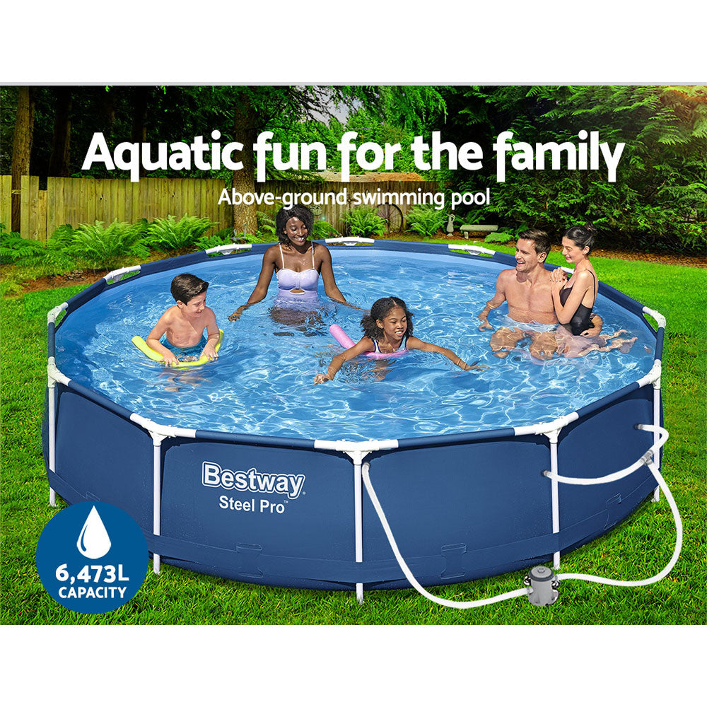 Swimming Pools: Bestway Swimming Pool 366x76cm Steel Frame Round Above Ground Pools w/ Filter Pump 6473L