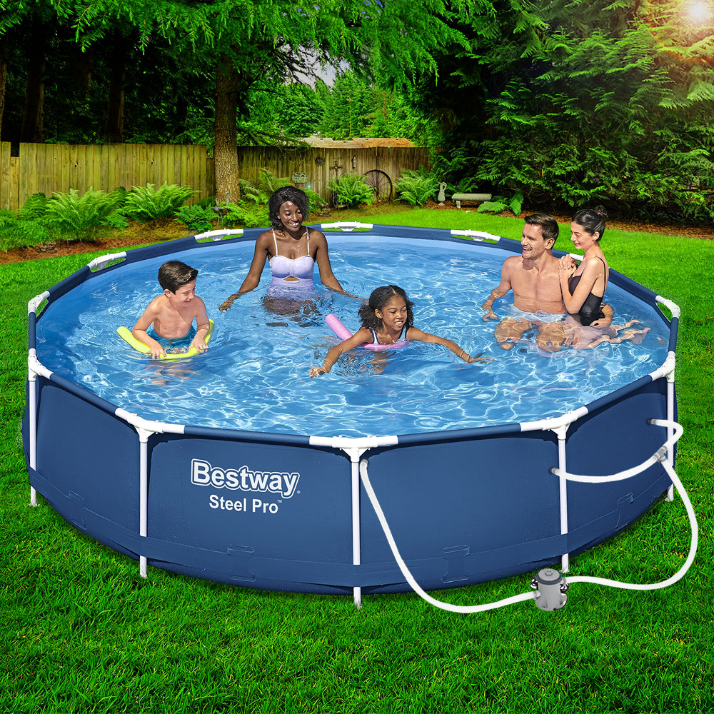 Swimming Pools: Bestway Swimming Pool 366x76cm Steel Frame Round Above Ground Pools w/ Filter Pump 6473L