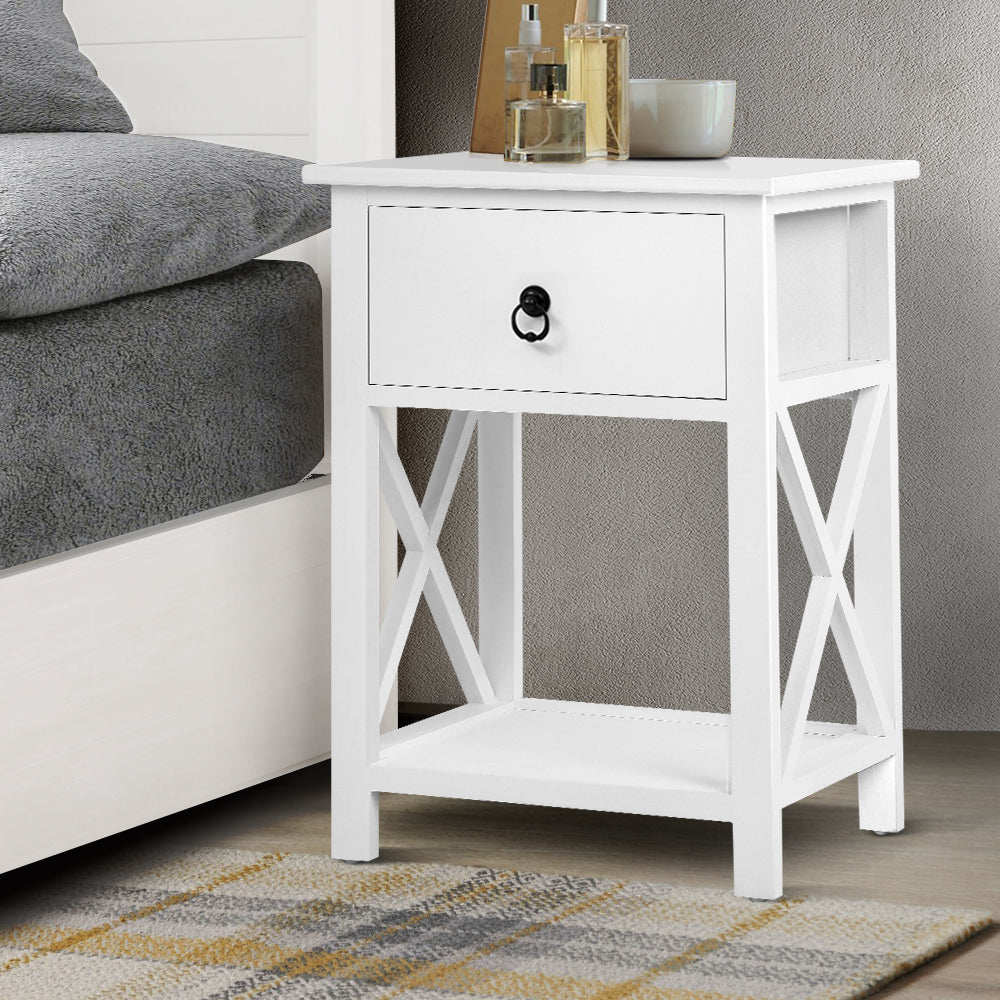 Bedside Tables: Artiss 2 X Bedside Table 1 Drawer with Shelf - EMMA White