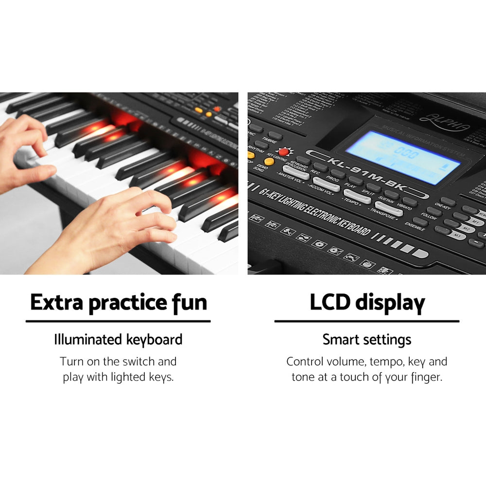 Musical Keyboards: Alpha 61 Keys Electronic Piano Keyboard Digital Electric w/ Stand Lighted Black