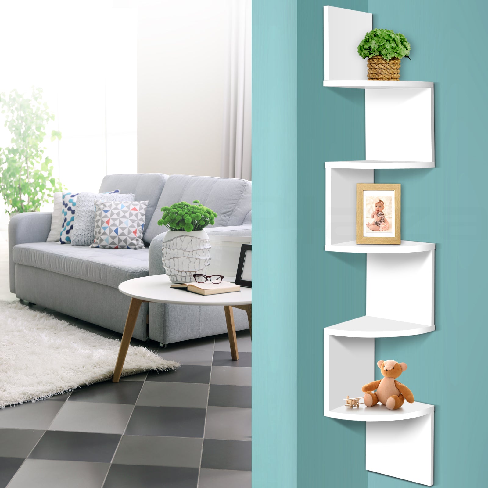 Side Tables: Artiss Wall Shelf Corner Floating 5-Tier White