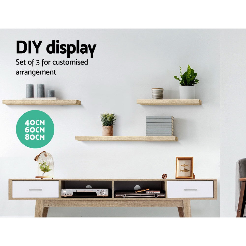 Bookcases & Shelves: Artiss Floating Wall Shelf Set of 3 Oak