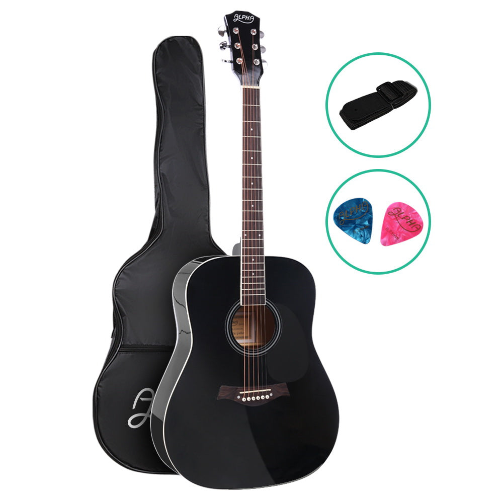 Guitars: Alpha 41 Inch Acoustic Guitar Wooden Body Steel String Dreadnought Black