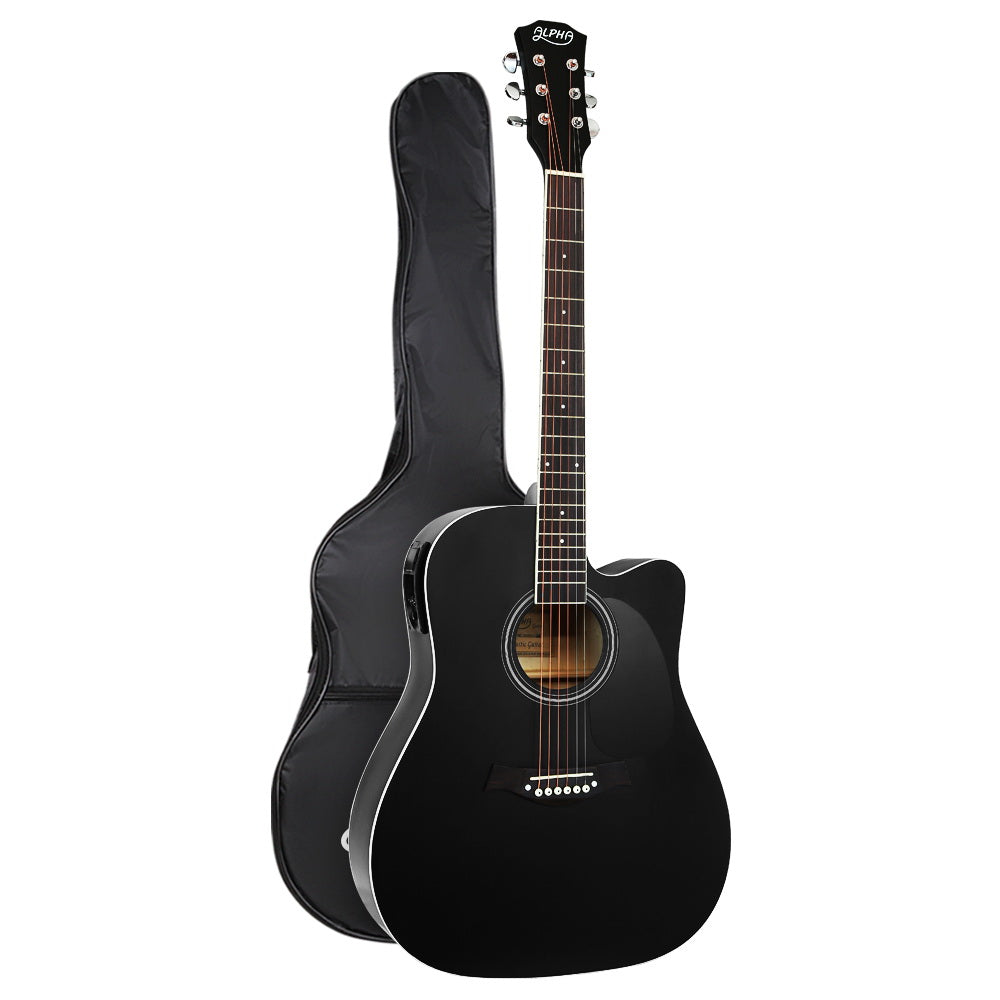 Guitars: Alpha 41 Inch Acoustic Guitar Equaliser Electric Output Jack Cutaway Black