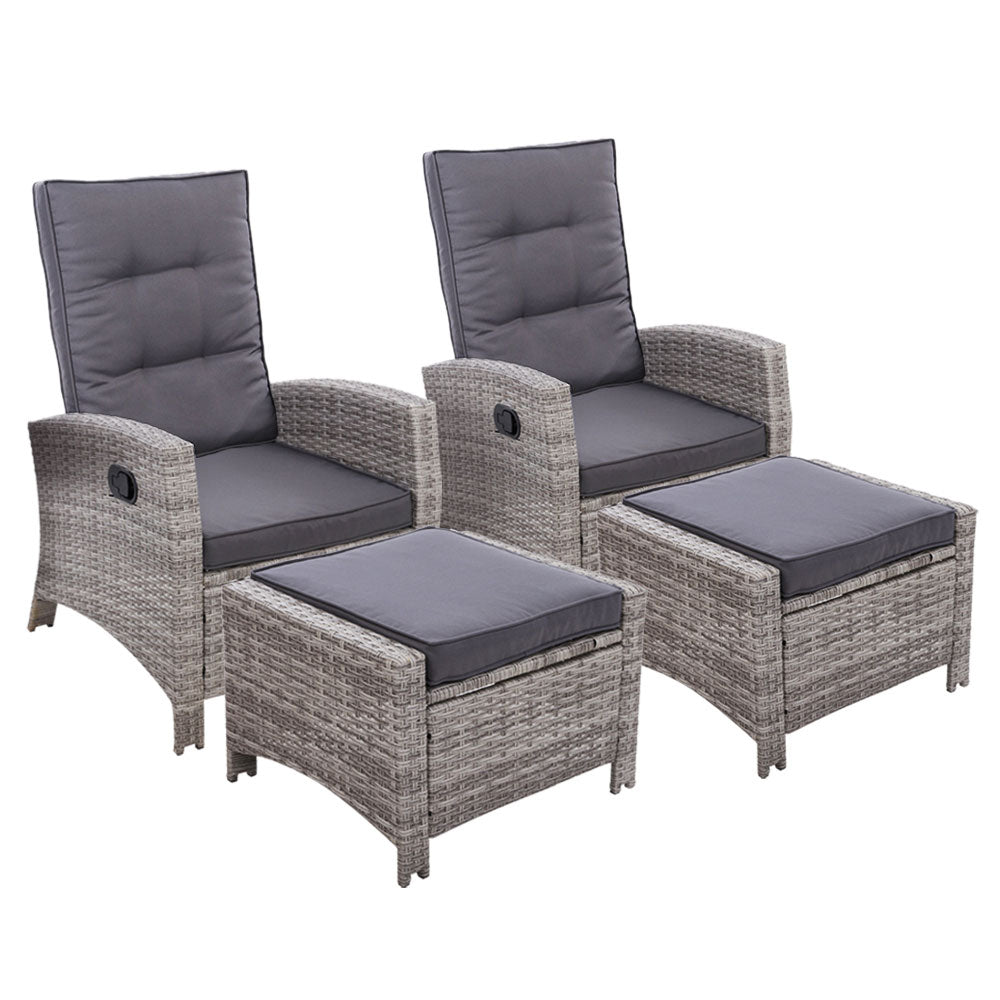 Outdoor Chairs: Gardeon 2PC Recliner Chairs Sun lounge Wicker Lounger Outdoor Furniture Adjustable Grey