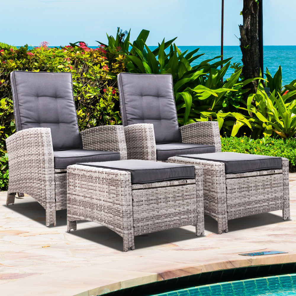 Outdoor Chairs: Gardeon 2PC Recliner Chairs Sun lounge Wicker Lounger Outdoor Furniture Adjustable Grey