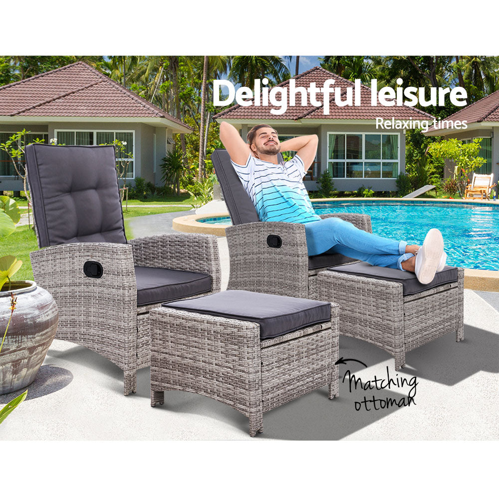 Outdoor Chairs: Gardeon 2PC Recliner Chairs Sun lounge Wicker Lounger Outdoor Furniture Adjustable Grey