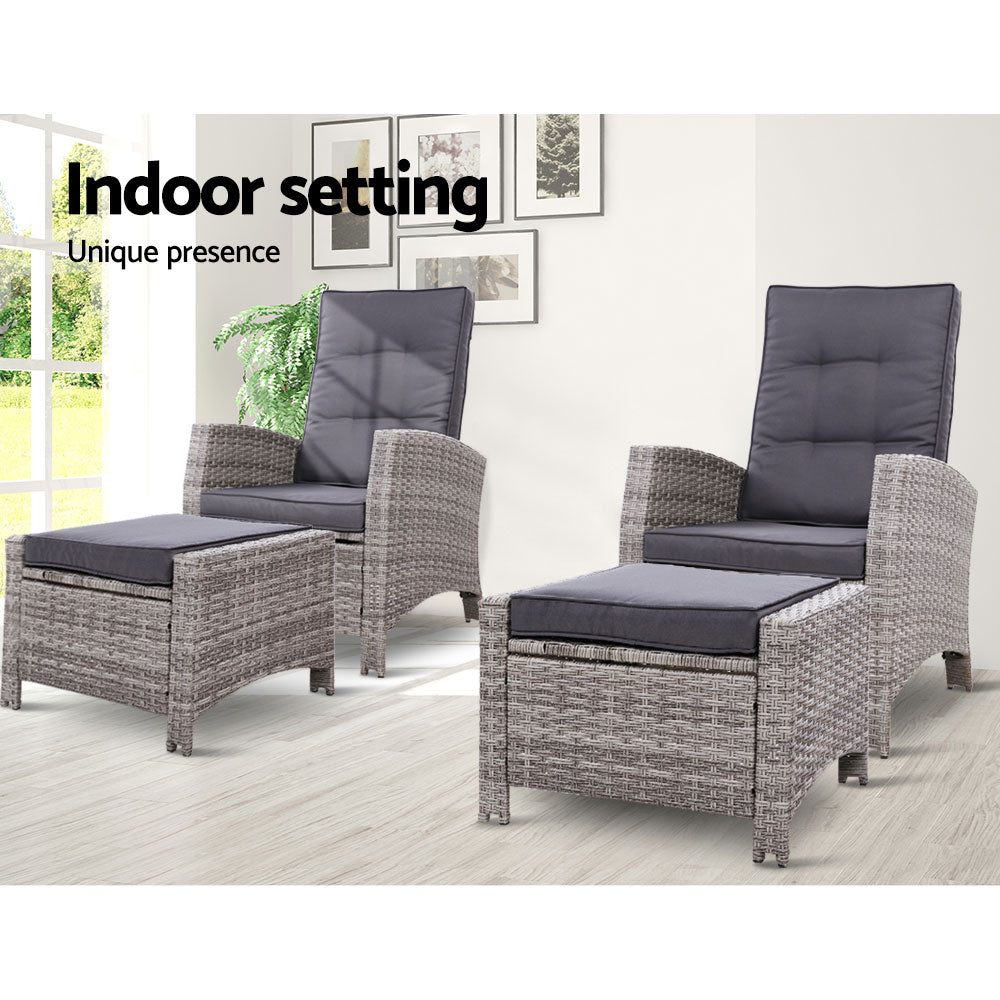 Outdoor Chairs: Gardeon 2PC Recliner Chairs Sun lounge Wicker Lounger Outdoor Furniture Adjustable Grey