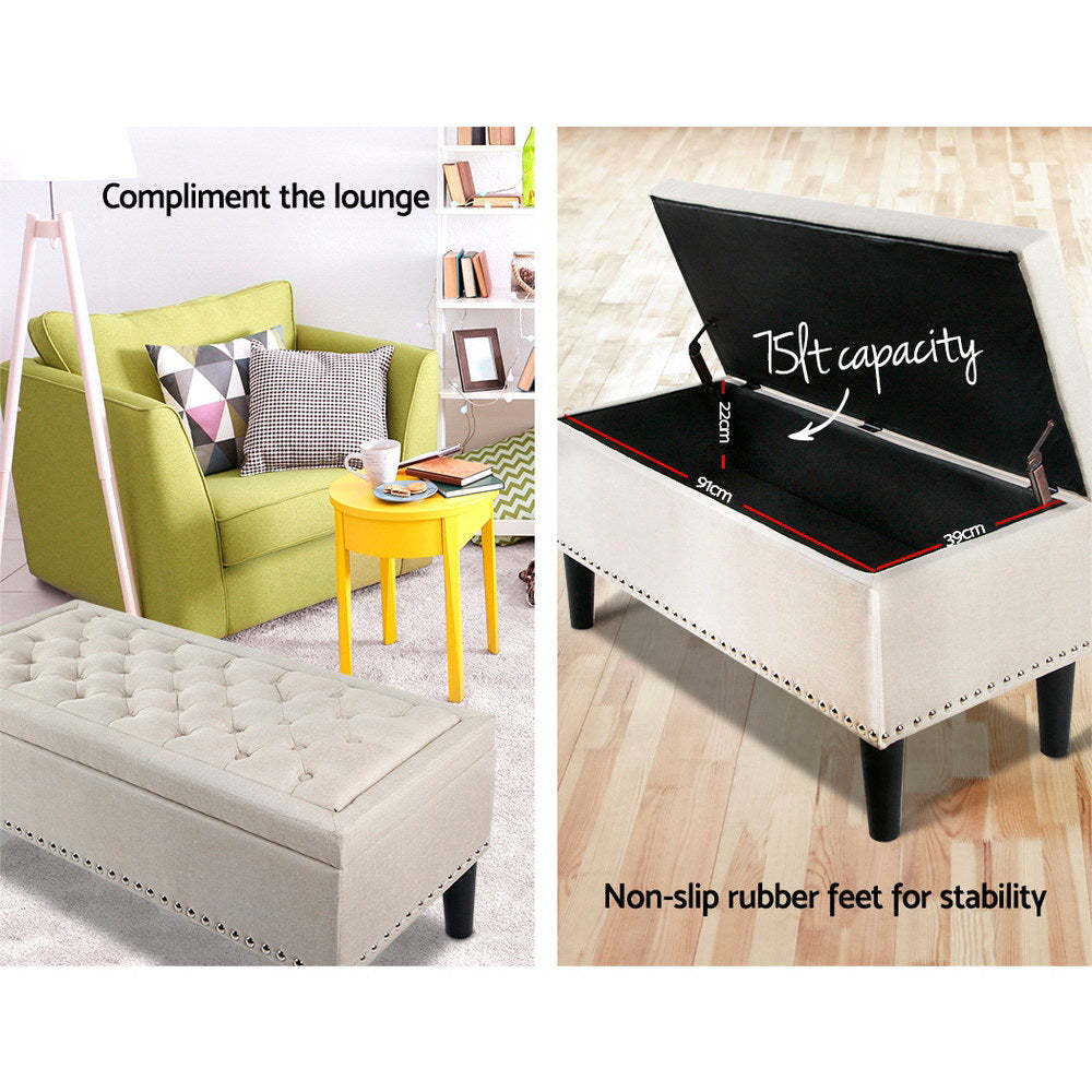 Ottomans & Footstools: Artiss Storage Ottoman Blanket Box 96cm Linen Taupe