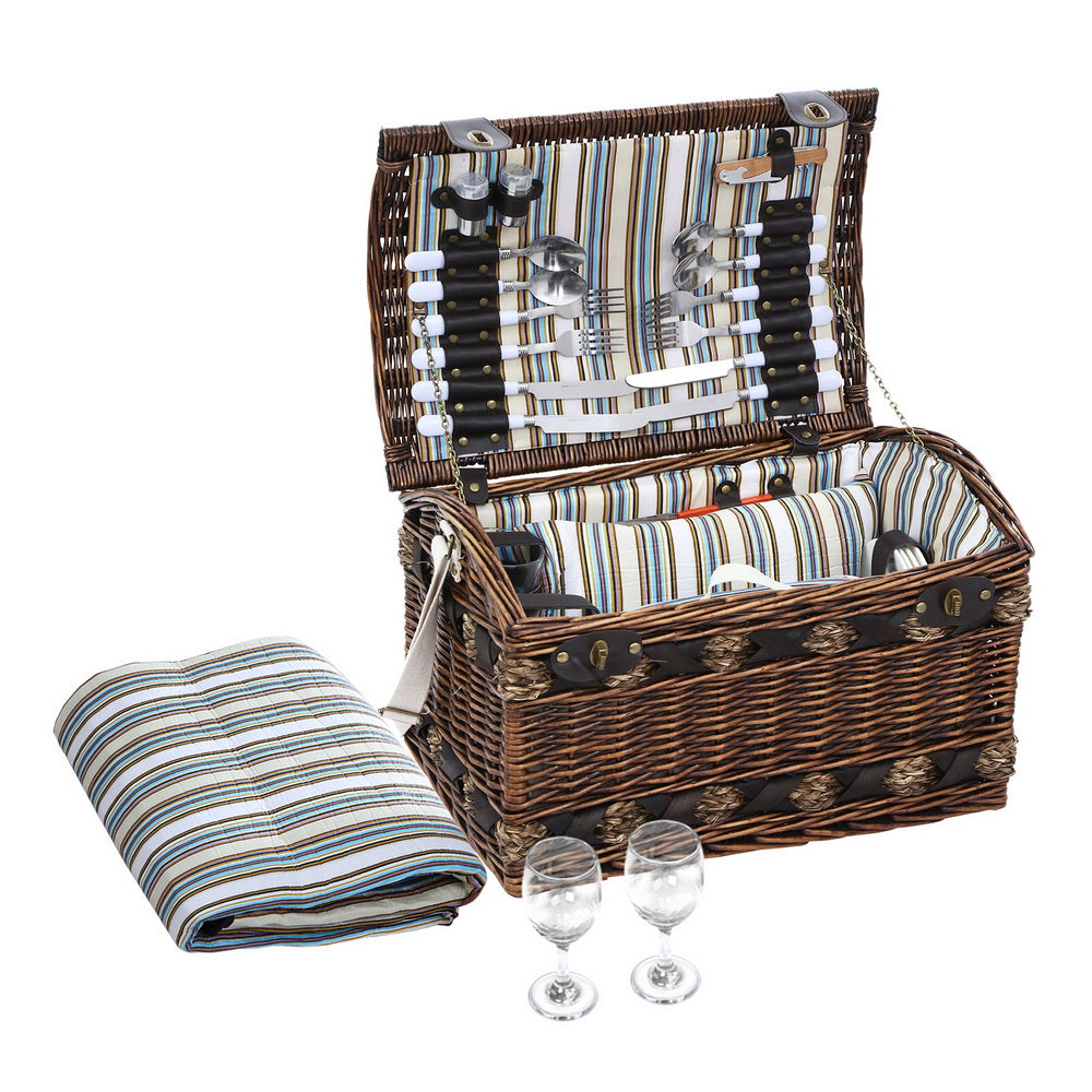 Picnic Baskets: Alfresco 4 Person Picnic Basket Set Wooden Blanket Cooler Bag Outdoor Insulated