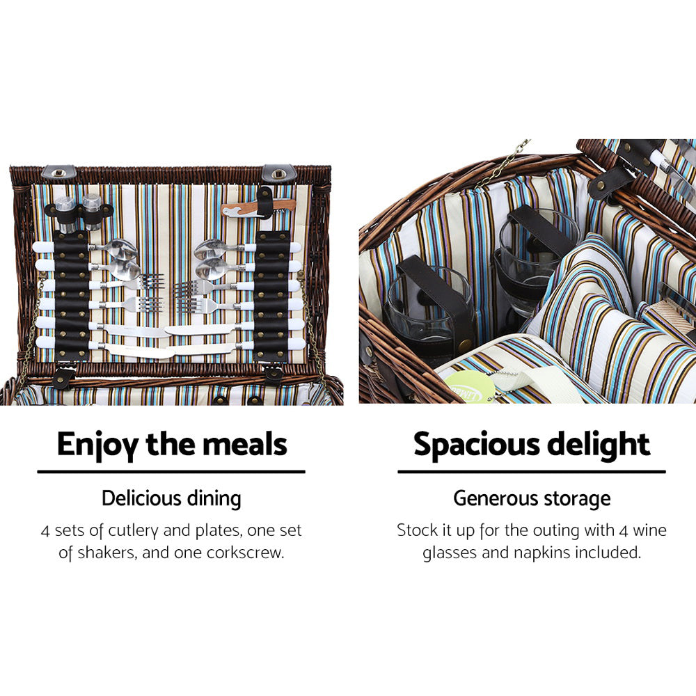 Picnic Baskets: Alfresco 4 Person Picnic Basket Set Wooden Blanket Cooler Bag Outdoor Insulated