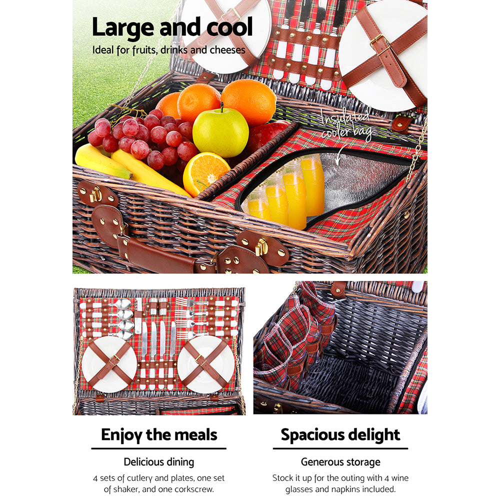 Picnic Baskets: Alfresco 4 Person Picnic Basket Set Insulated Blanket Bag Red
