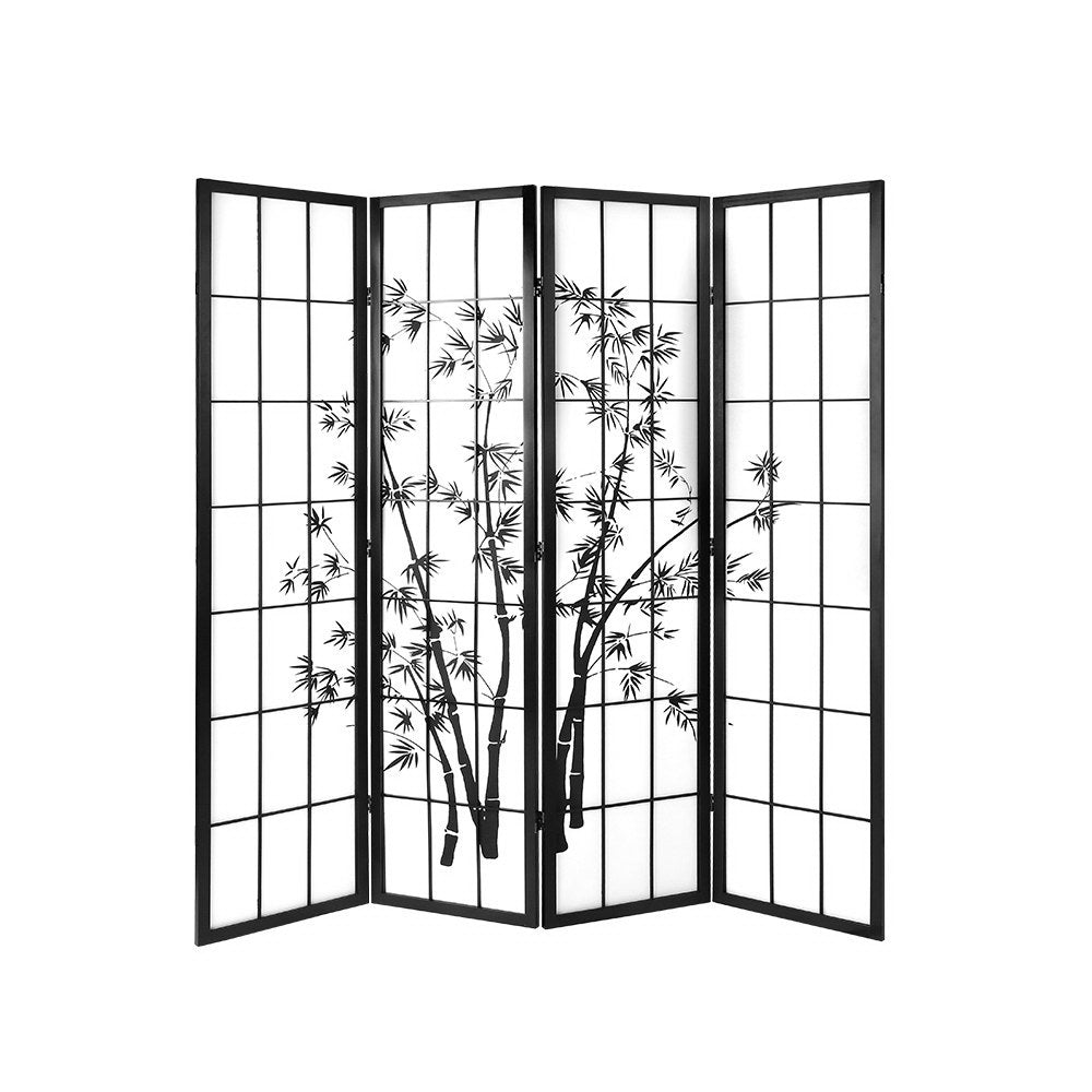 Room Dividers: Artiss 4 Panel Room Divider Screen 174x179cm Bamboo Black White