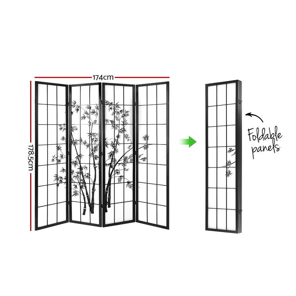 Room Dividers: Artiss 4 Panel Room Divider Screen 174x179cm Bamboo Black White