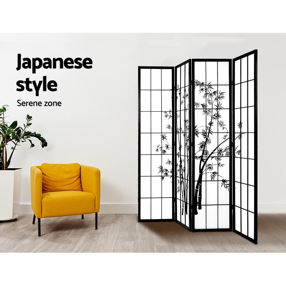 Room Dividers: Artiss 4 Panel Room Divider Screen 174x179cm Bamboo Black White