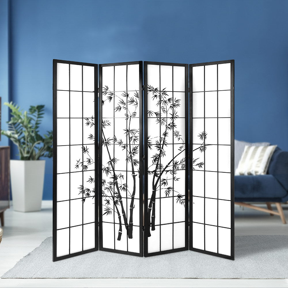 Room Dividers: Artiss 4 Panel Room Divider Screen 174x179cm Bamboo Black White