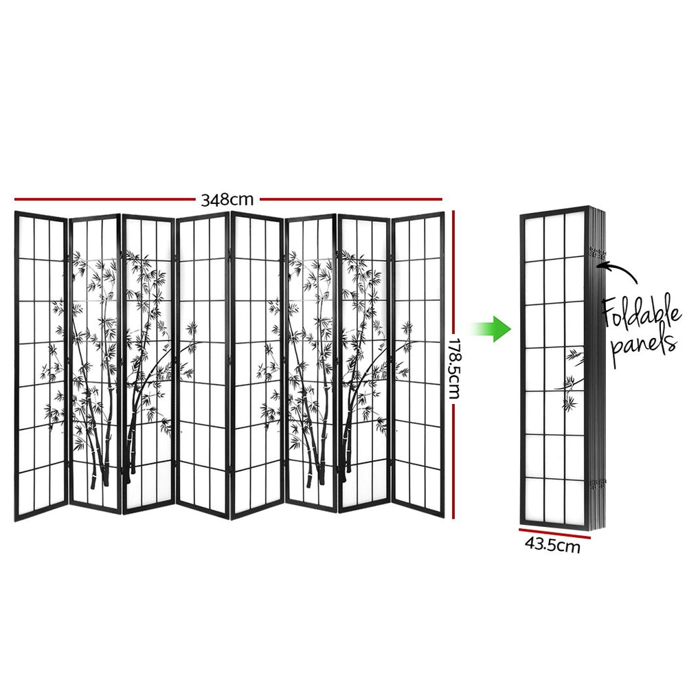Room Dividers: Artiss 8 Panel Room Divider Screen 348x179cm Bamboo Black White