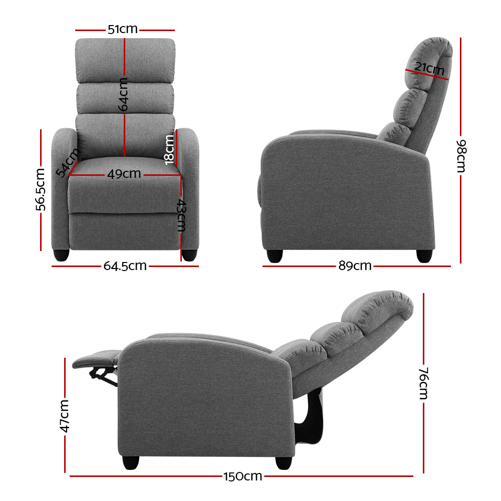 Arm Chairs & Recliners: Artiss Recliner Armchair Grey Fabric Bolivia