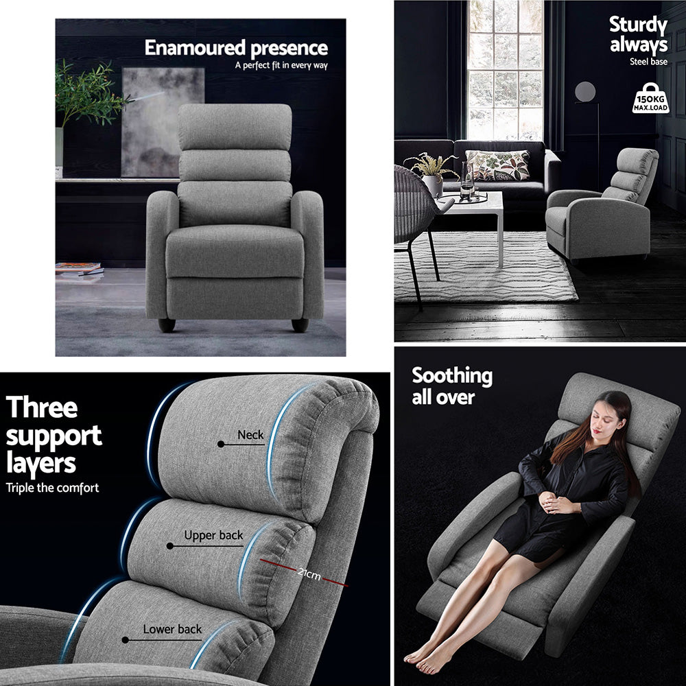 Arm Chairs & Recliners: Artiss Recliner Armchair Grey Fabric Bolivia