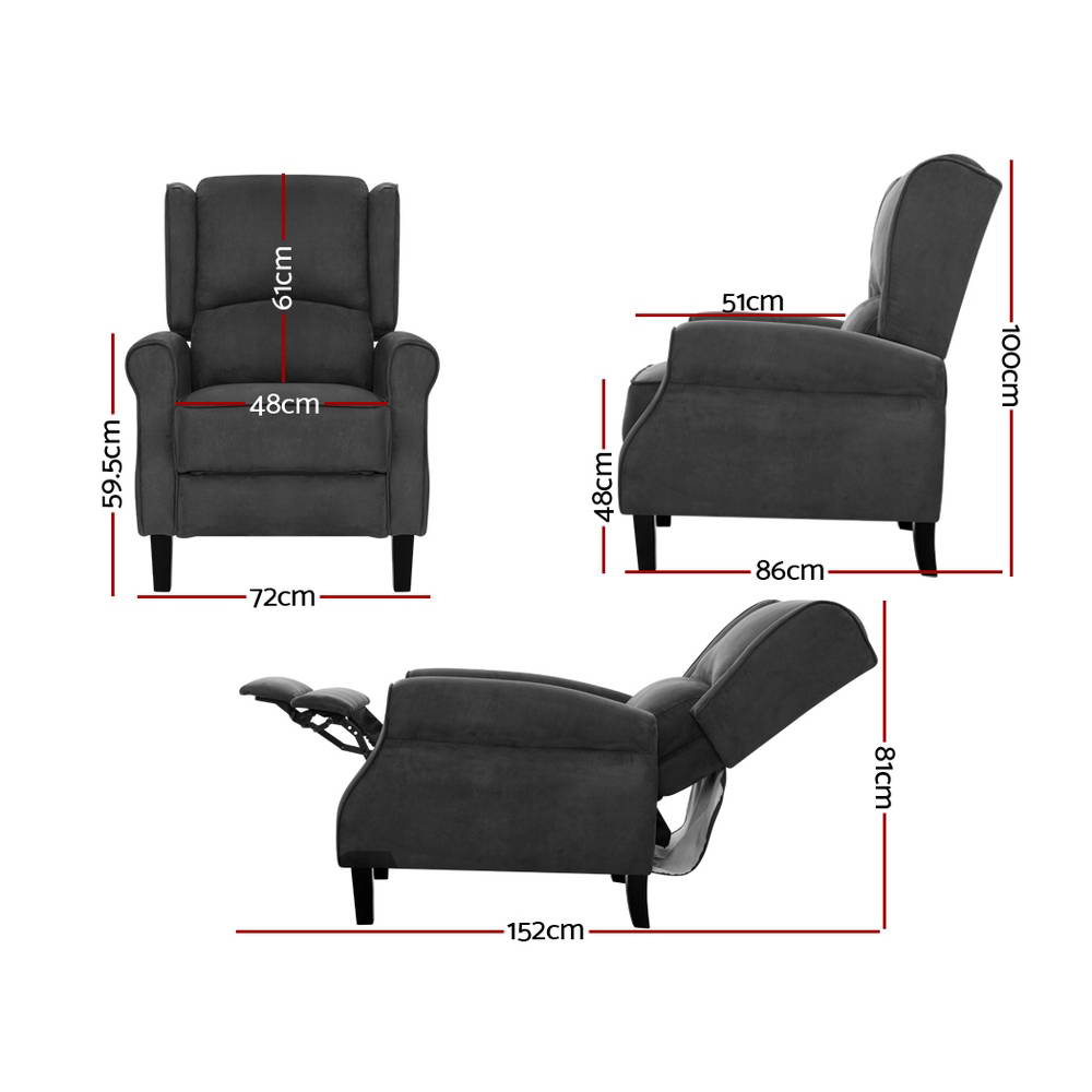 Arm Chairs & Recliners: Artiss Recliner Chair Adjustable Sofa Lounge Soft Suede Armchair Couch Charcoal