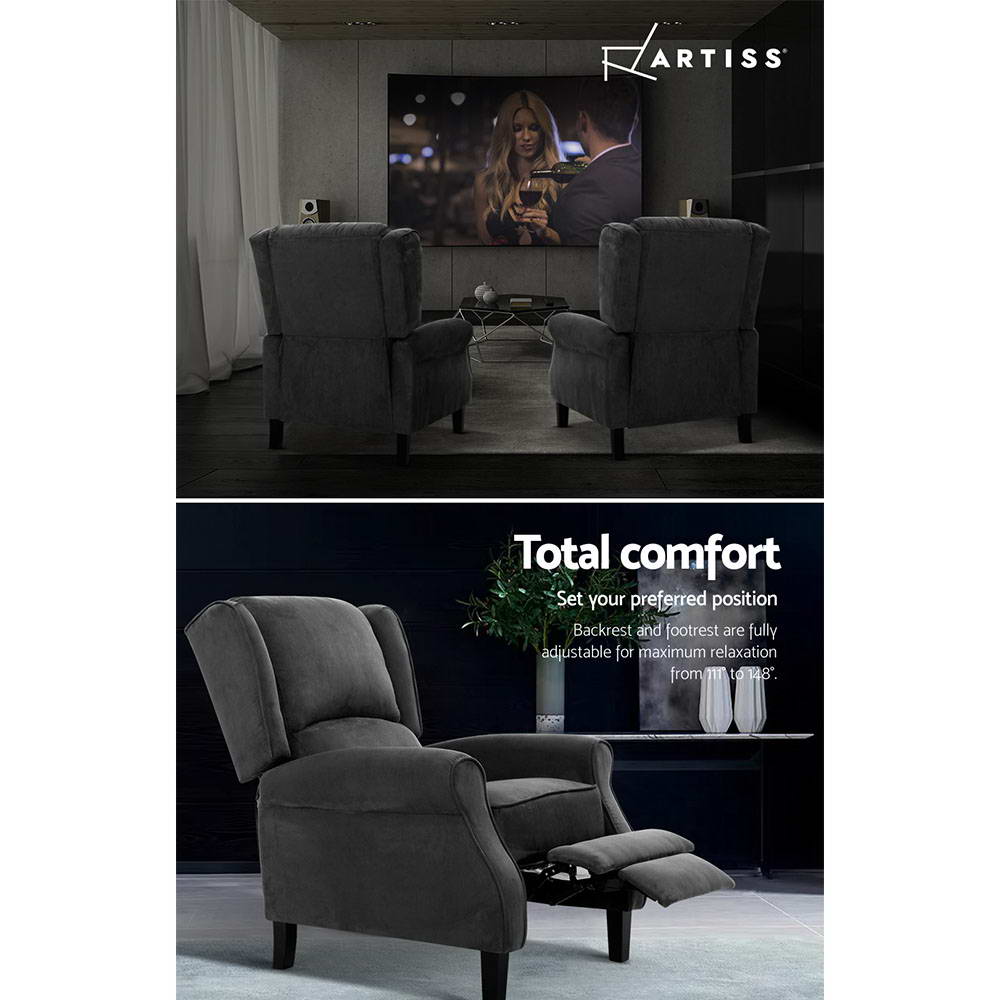 Arm Chairs & Recliners: Artiss Recliner Chair Adjustable Sofa Lounge Soft Suede Armchair Couch Charcoal