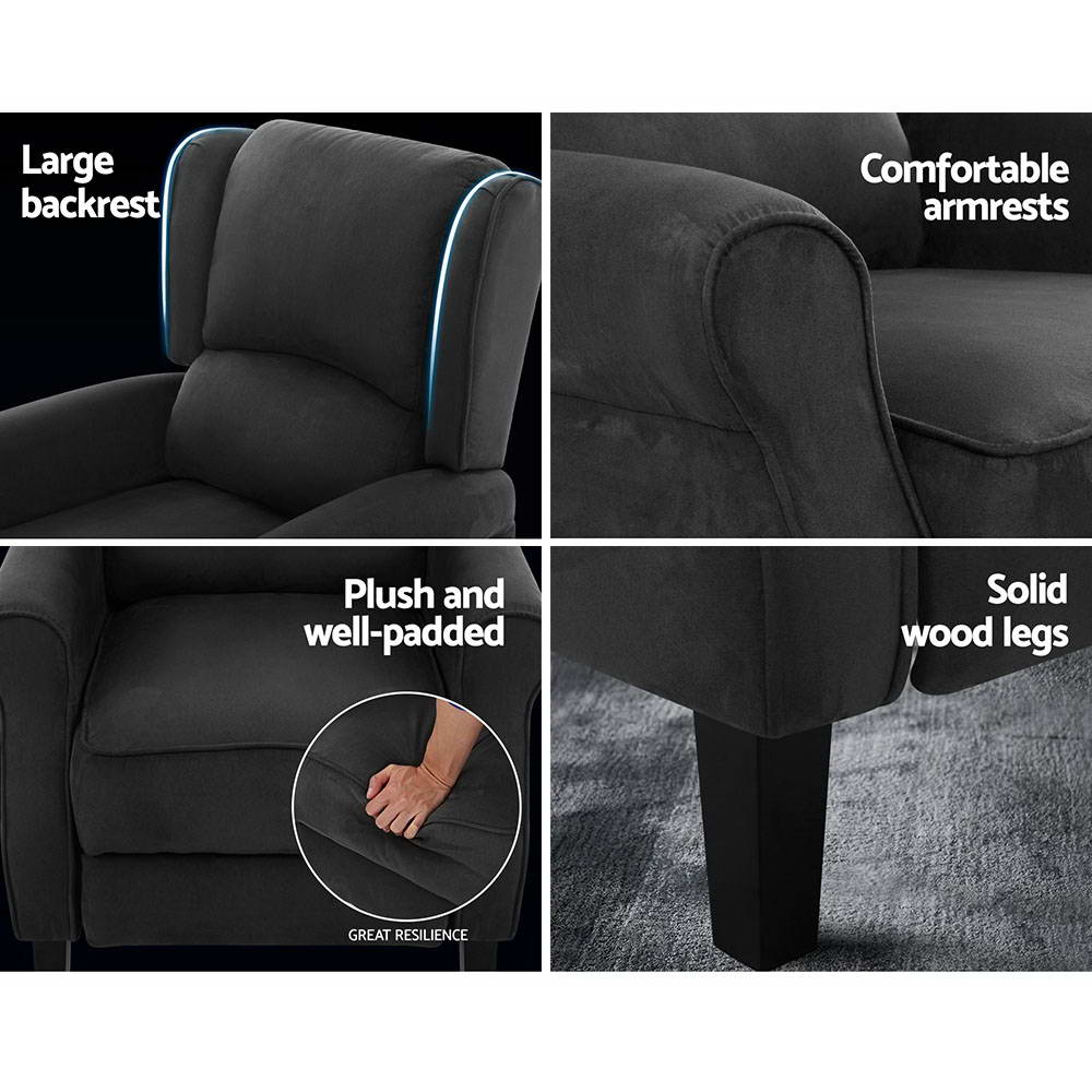 Arm Chairs & Recliners: Artiss Recliner Chair Adjustable Sofa Lounge Soft Suede Armchair Couch Charcoal