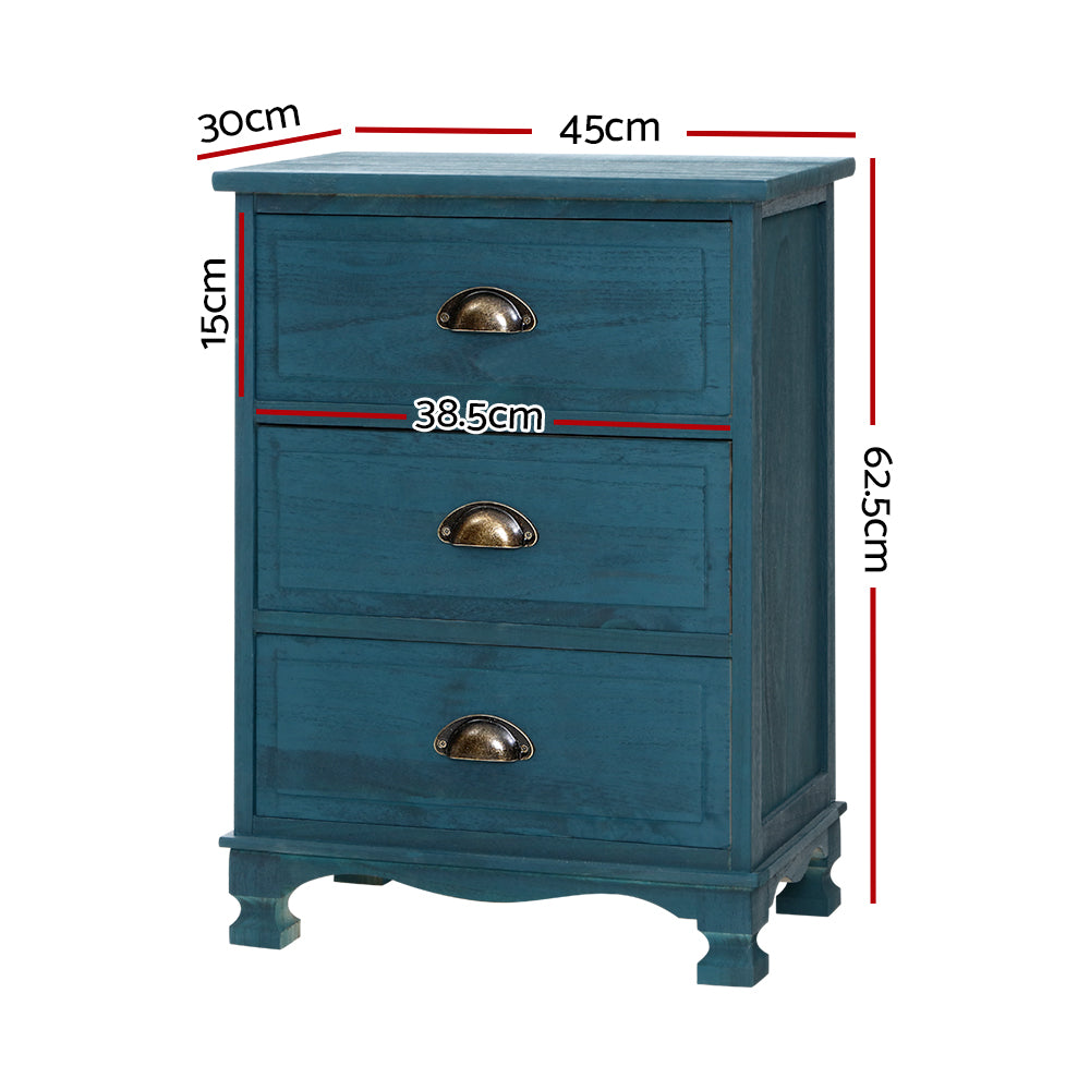 Bedside Tables: Artiss Bedside Table 3 Drawers Vintage - THYME Blue