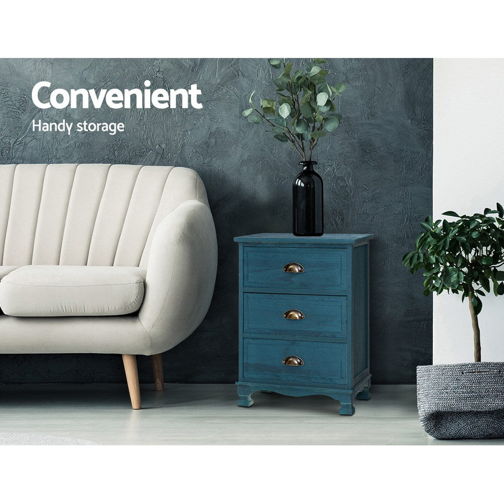 Bedside Tables: Artiss Bedside Table 3 Drawers Vintage - THYME Blue