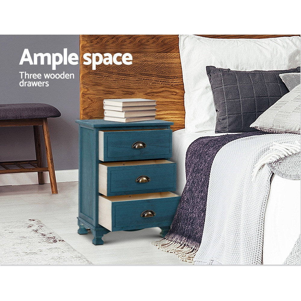 Bedside Tables: Artiss Bedside Table 3 Drawers Vintage - THYME Blue