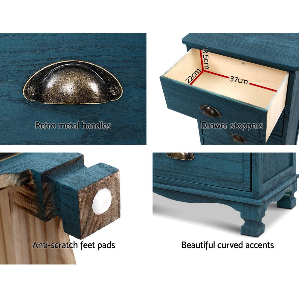 Bedside Tables: Artiss Bedside Table 3 Drawers Vintage - THYME Blue