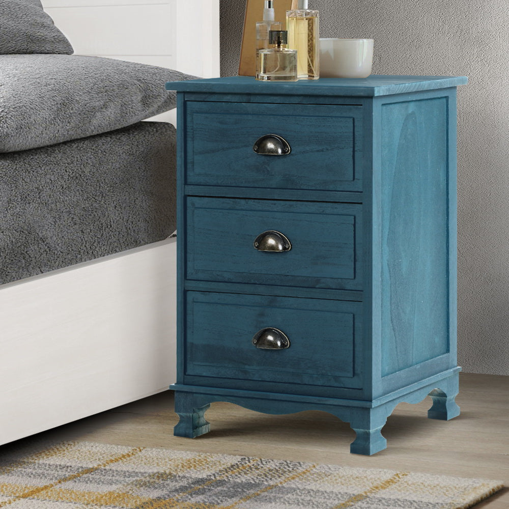 Bedside Tables: Artiss Bedside Table 3 Drawers Vintage - THYME Blue
