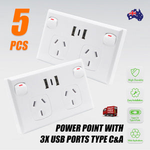 5PCS Double Power Point Dual USB+Type-C GPO Fast Charge 3.6 amp Wall Outlet