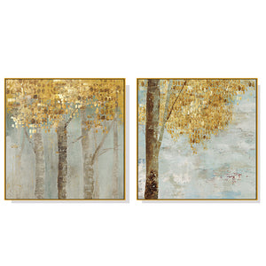 Wall Art 50cmx50cm Golden Leaves 2 Sets Gold Frame Canvas