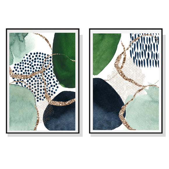 Wall Art 90cmx135cm Abstract Green and Navy 2 Sets Black Frame Canvas