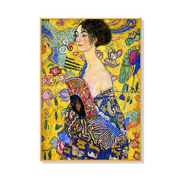 Wall Art 80cmx120cm Lady With A fan By Klimt Gold Frame Canvas