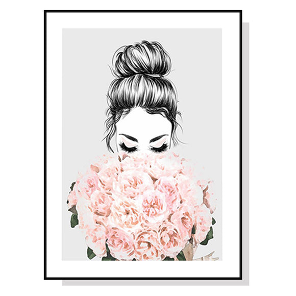 Wall Art 80cmx120cm Roses Girl Black Frame Canvas