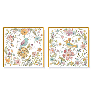 Wall Art 80cmx80cm Floral birds 2 Sets Gold Frame Canvas