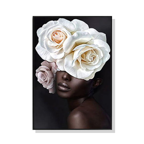 Wall Art 40cmx60cm Flower African Woman Black Frame Canvas