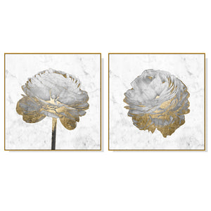 Wall Art 80cmx80cm Gold And White Blossom On White 2 Sets Gold Frame Canvas