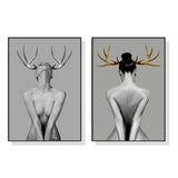 Wall Art 40cmx60cm Girl With Gold Horn 2 Sets Black Frame Canvas