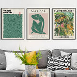 Wall Art 50cmx70cm Flower Market, Matisse Print, Yayoi Kusama 3 Sets Black Frame Canvas