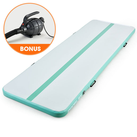 PROFLEX 600x200x20cm Inflatable Air Track Mat Tumbling Gymnastics, Mint Green & Grey, with Electric Pump