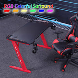 140cm RGB Gaming Desk Home Office Carbon Fiber Led Lights Game Racer Computer PC Table Z-Shaped Red