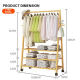 Rail Bamboo Clothes Rack Garment Hanging Stand 3 Tier Storage Shelves Closet 80cm