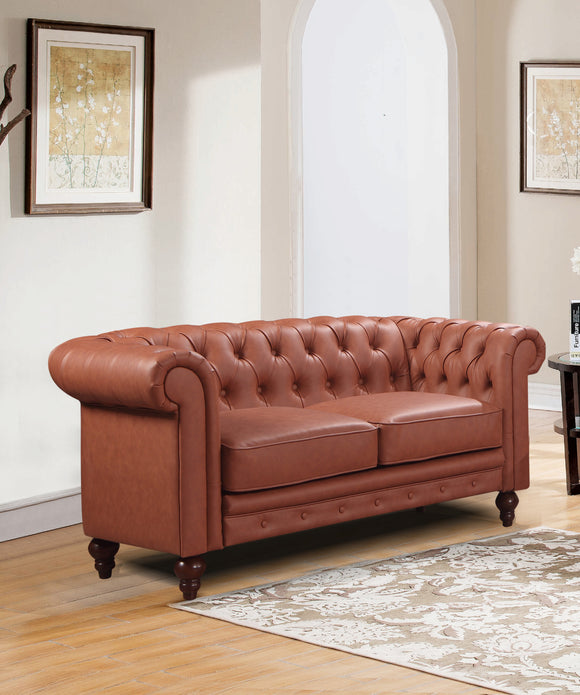 2 Seater Brown Sofa Lounge Button Tufted in Faux Leather