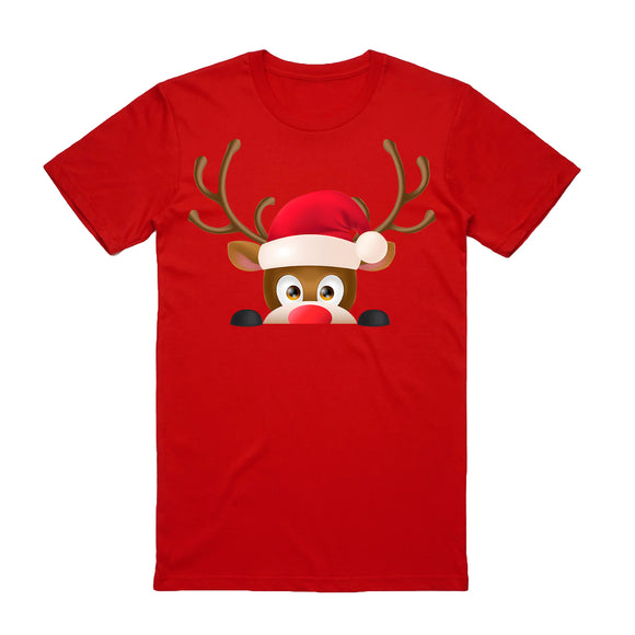 100% Cotton Christmas T-shirt Adult Unisex Tee Tops Funny Santa Party Custume, Reindeer Head (Red), S