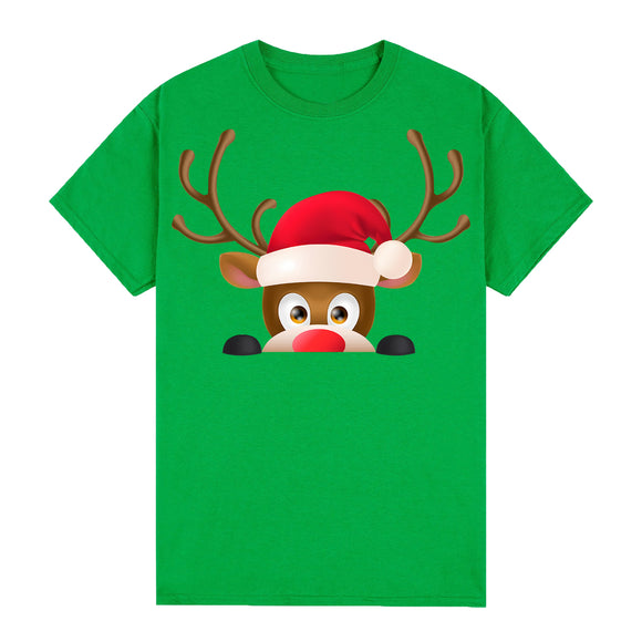 100% Cotton Christmas T-shirt Adult Unisex Tee Tops Funny Santa Party Custume, Reindeer Head (Green), L